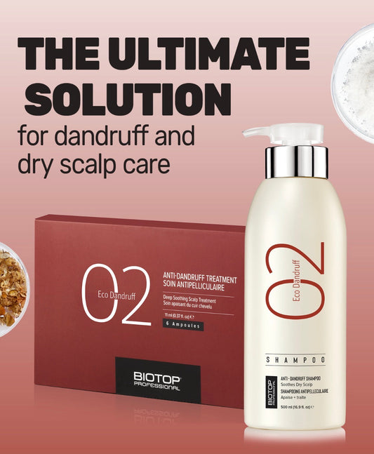 Biotop 02 shampoo bottle and box with text the ultimate solution for dandruff and dry scalp care