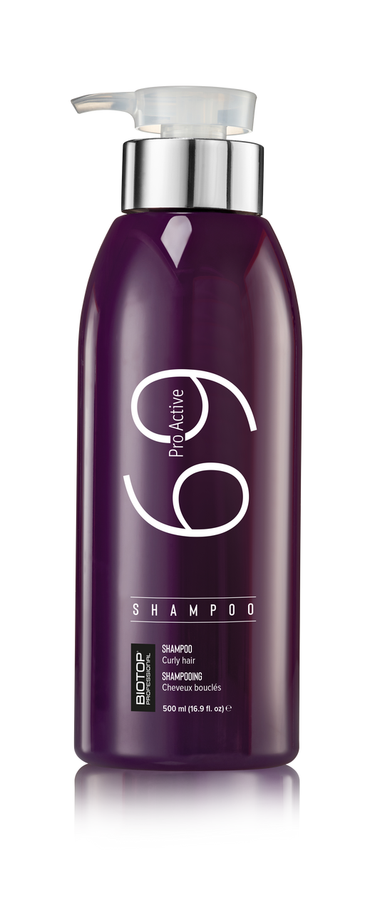 69 Curly Hair Pro Active Shampoo - tall purple pump bottle front view
